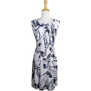 Escada Midi Dress Medium Abstract Paisley Blue Off-White Pleated Career Sleevele